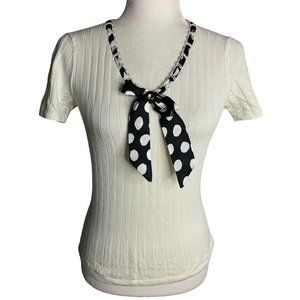 Beaded Short Sleeve Knit Top S Cream Scarf Bow Ribbed Polka Dots